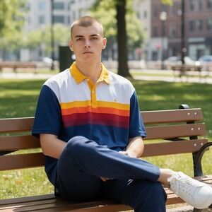 Tipsy Elves Mens XXL Retro Sunset Stripe Golf Polo Shirt Navy Blue White Yellow